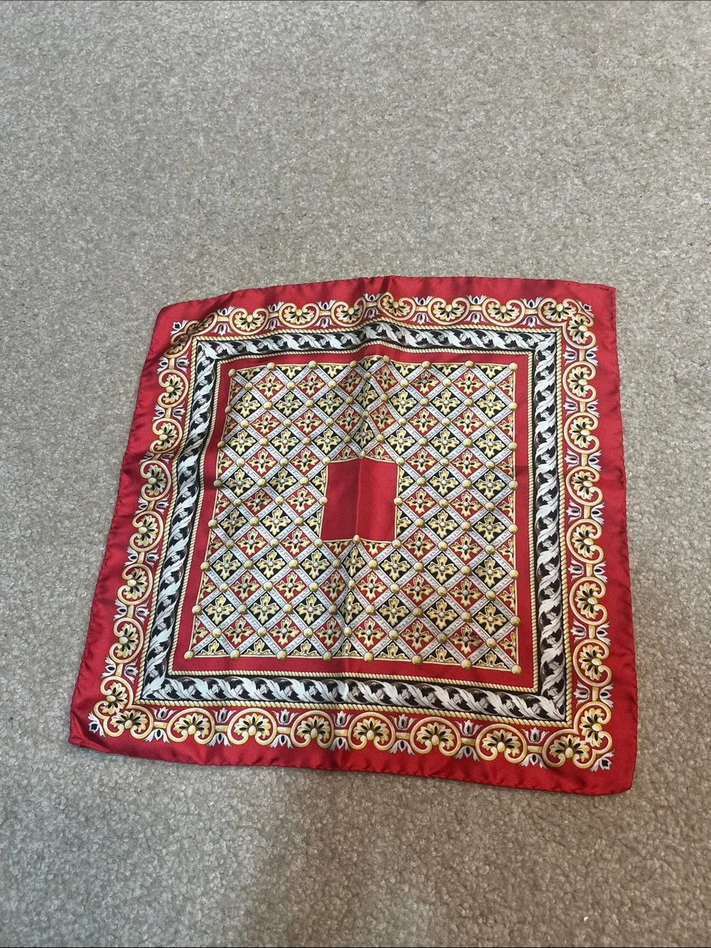 Vintage 100% Silk Pocket Square Scarf Red Gold Baroque Print 13” x 13”
